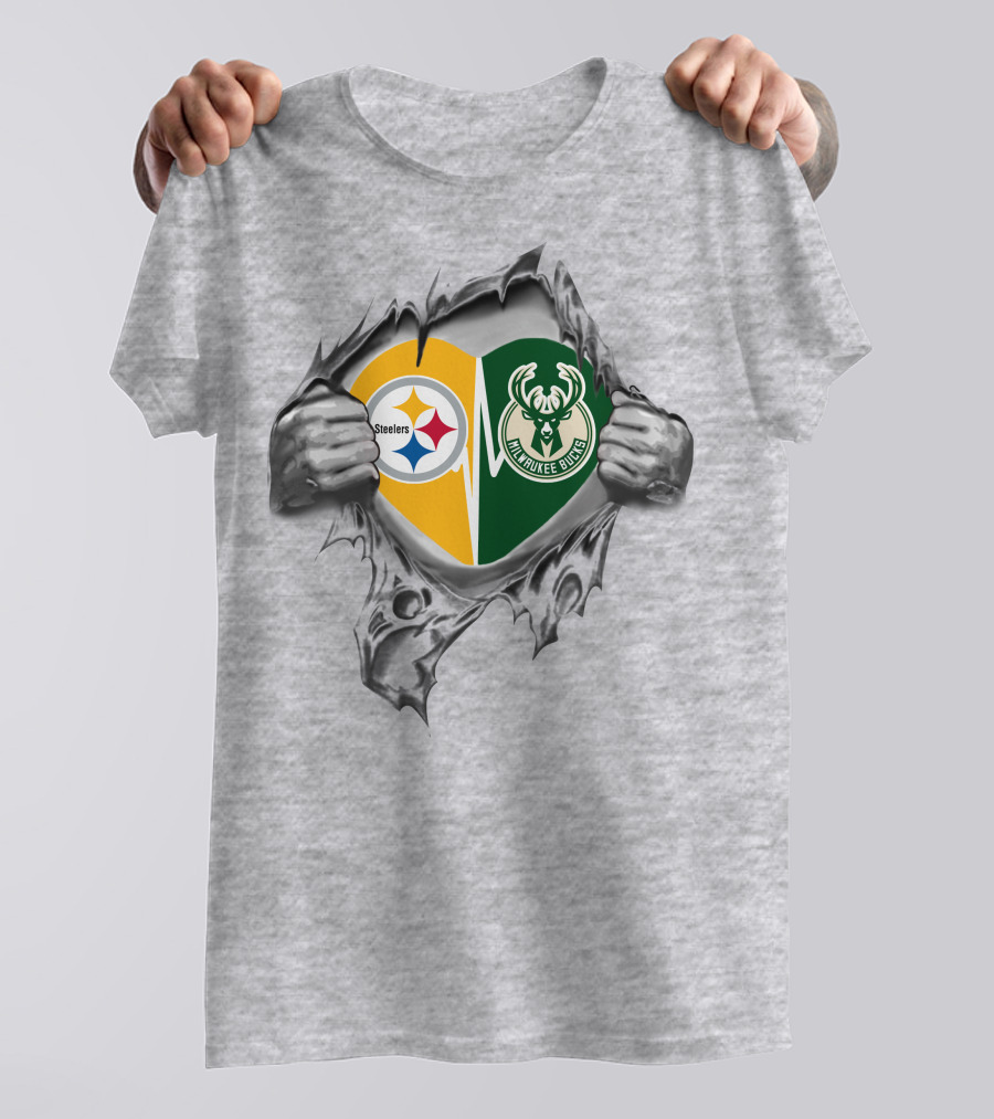 Steelers Milwaukee Bucks Heart Torn Reveal Symbol Fusion T-Shirt