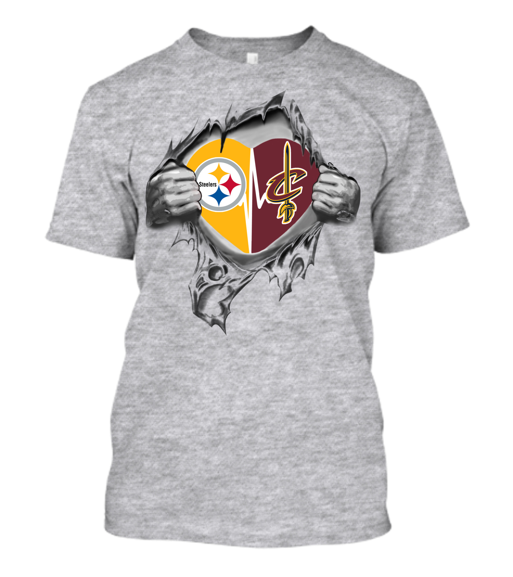 Steelers Cavaliers Heart Torn Gray Background T-Shirt