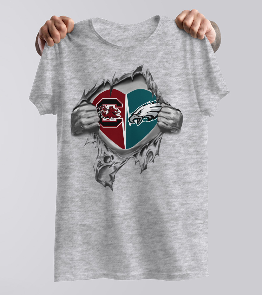 Eagles Gamecocks Heart Logo With Split Design And Hand Rip Effect T-Shirt