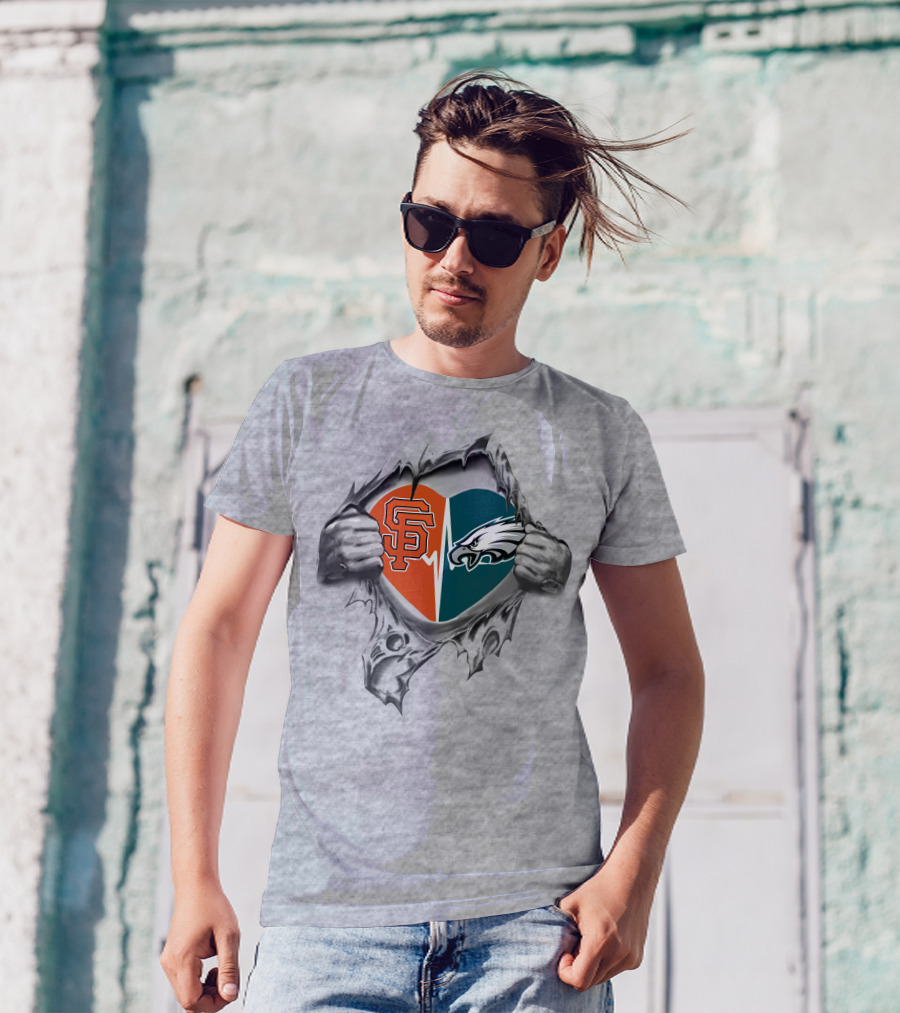 Eagles Giants Heart Logos Torn Fabric Teared Hands T-Shirt