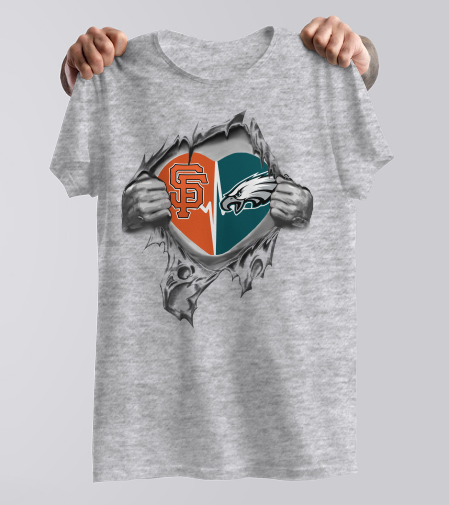 Eagles Giants Heart Logos Torn Fabric Teared Hands T-Shirt