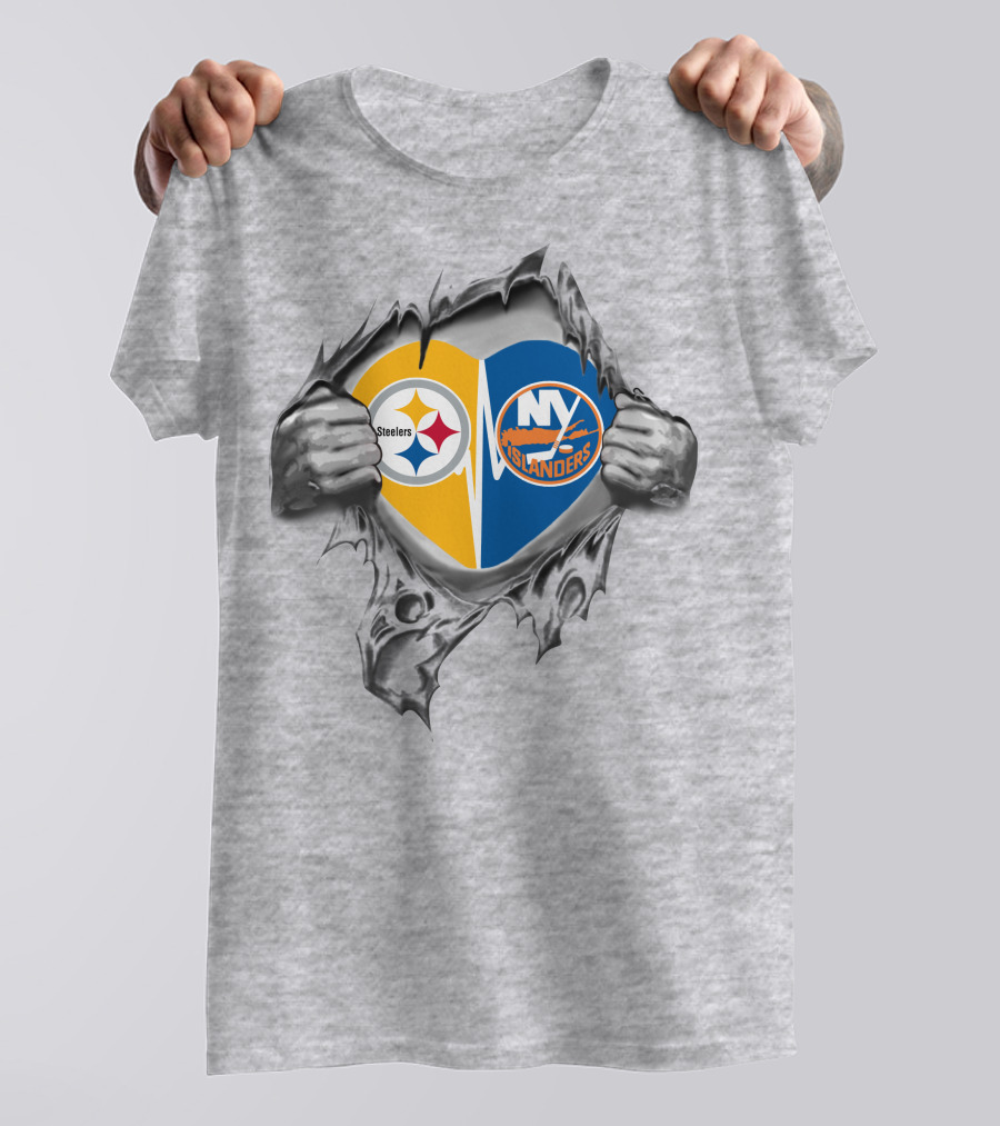 Steelers Islanders Heart Logos Ripping Open With Hands T-Shirt