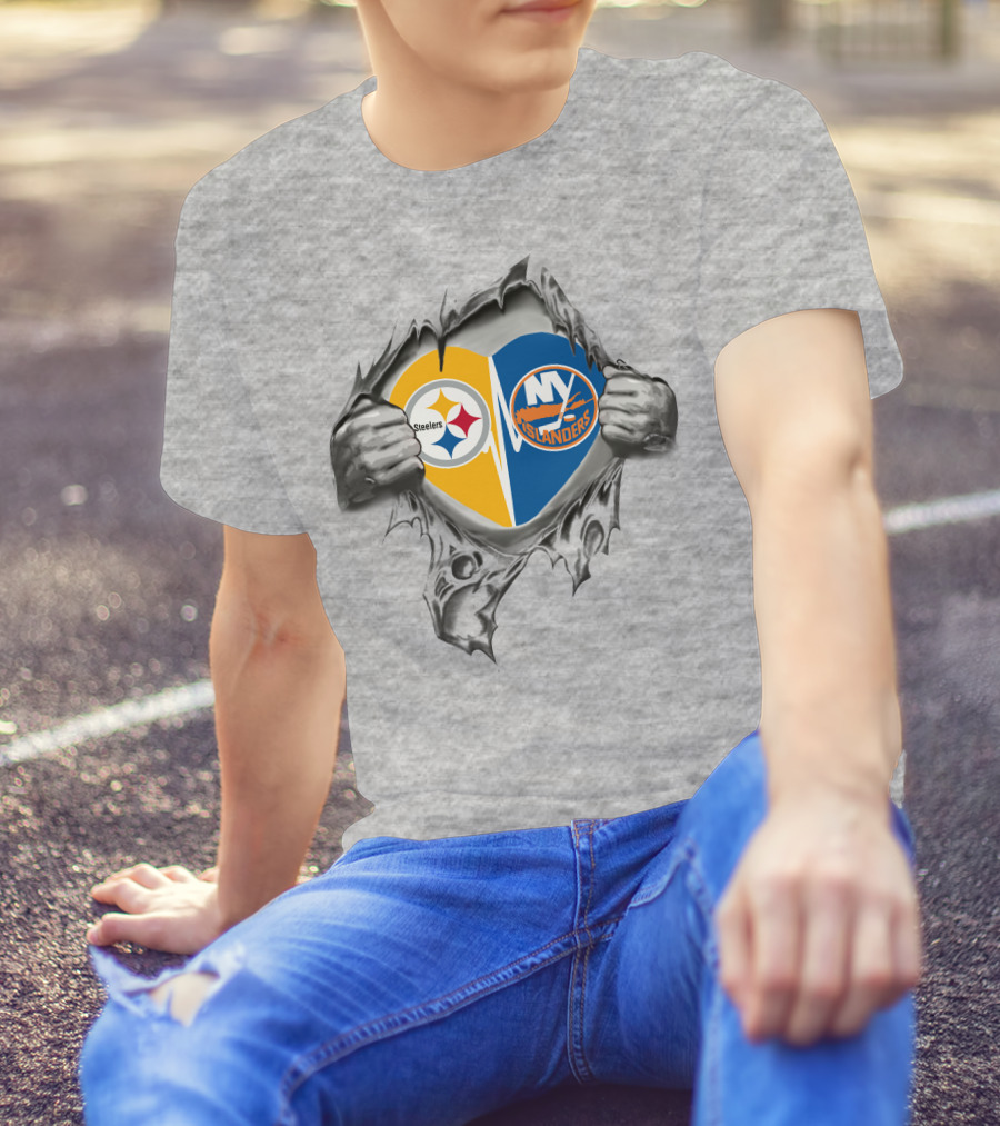 Steelers Islanders Heart Logos Ripping Open With Hands T-Shirt