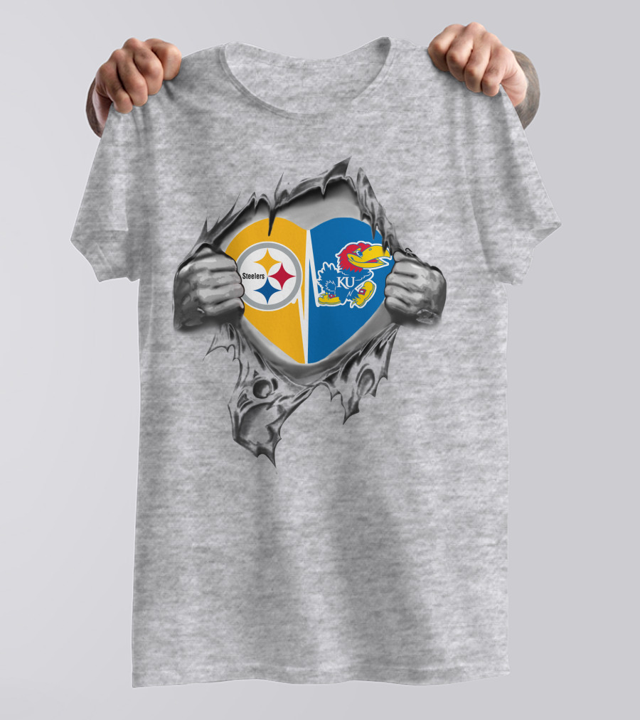 Steelers Kansas Jayhawks Heart Torn Fabric T-Shirt