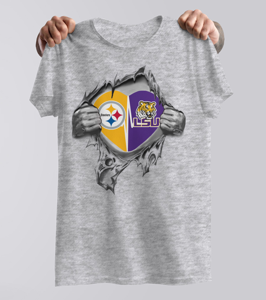 Steelers LSU Heart With Logos And Tiger T-Shirt