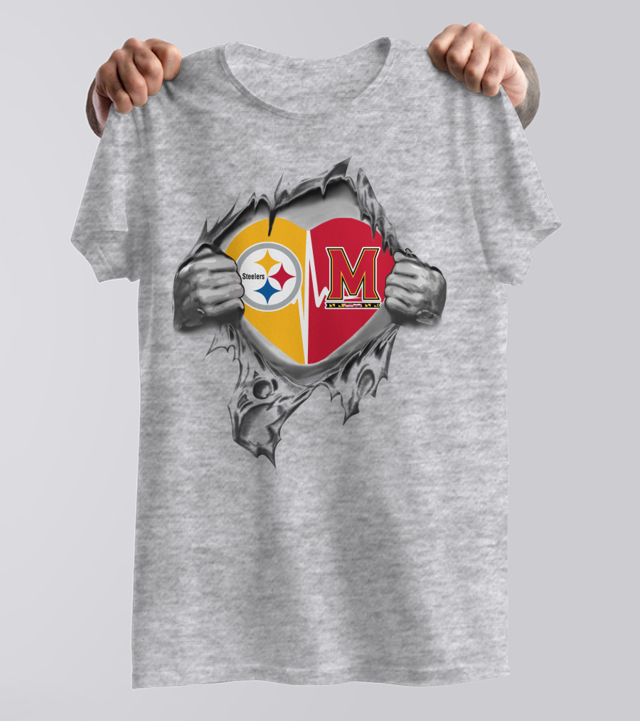 Steelers Maryland Heartbeat Symbol With Torn Gray Background T-Shirt