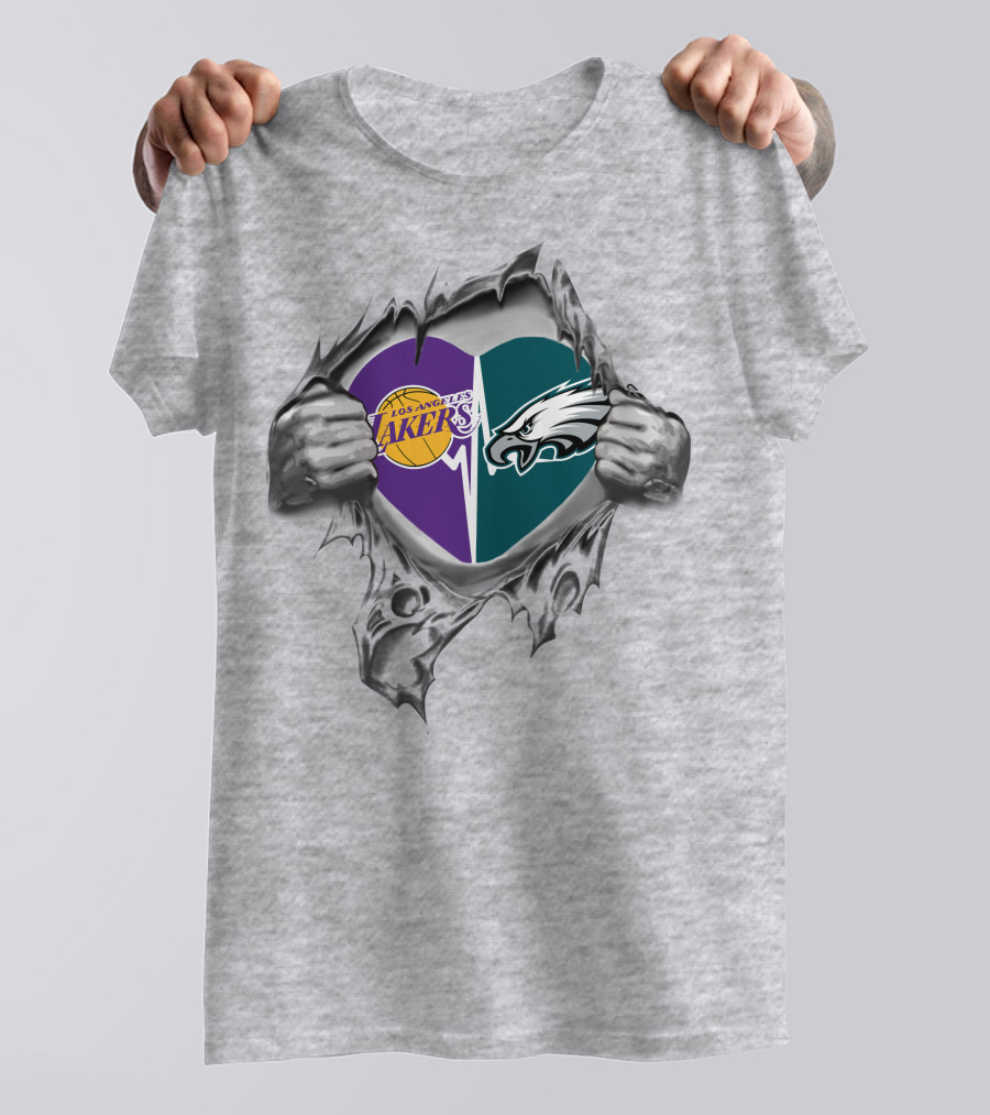 Los Angeles Lakers Philadelphia Eagles Heart Torn Open T-Shirt