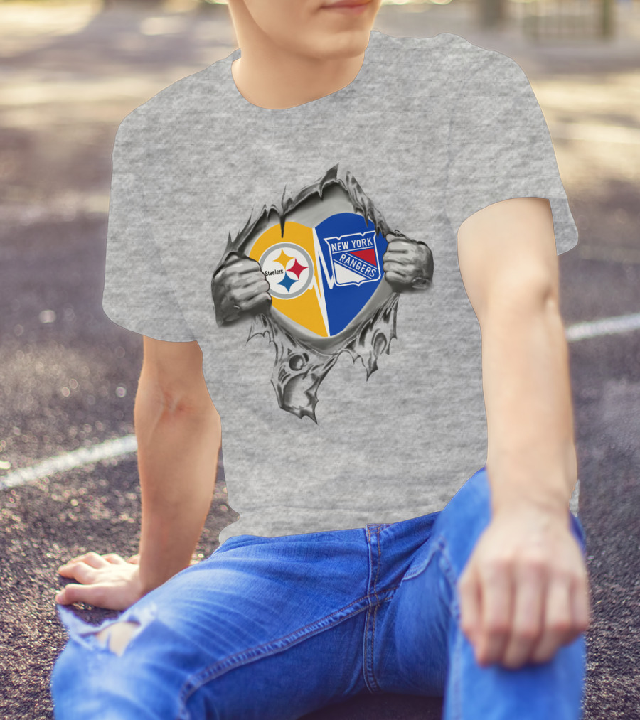 Steelers New York Rangers Heart Steel Tear T-Shirt