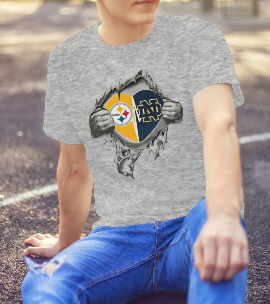 Steelers Notre Dame Logos Torn Heart T-Shirt