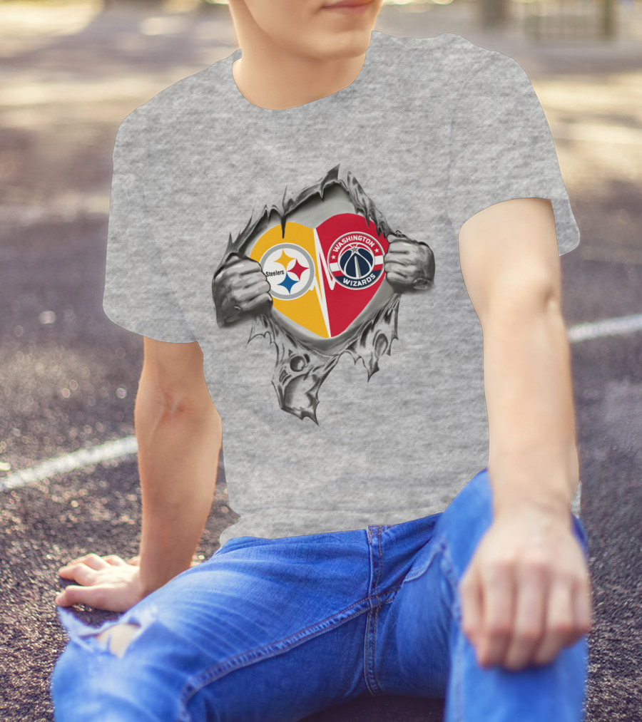 Steelers Washington Wizards Logos Heart Symbol With Bold Rip Effect T-Shirt