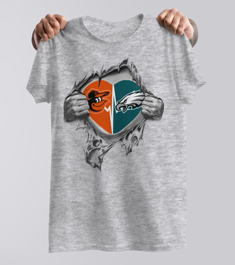 Eagles Orioles Heart Logos Torn Reveal T-Shirt