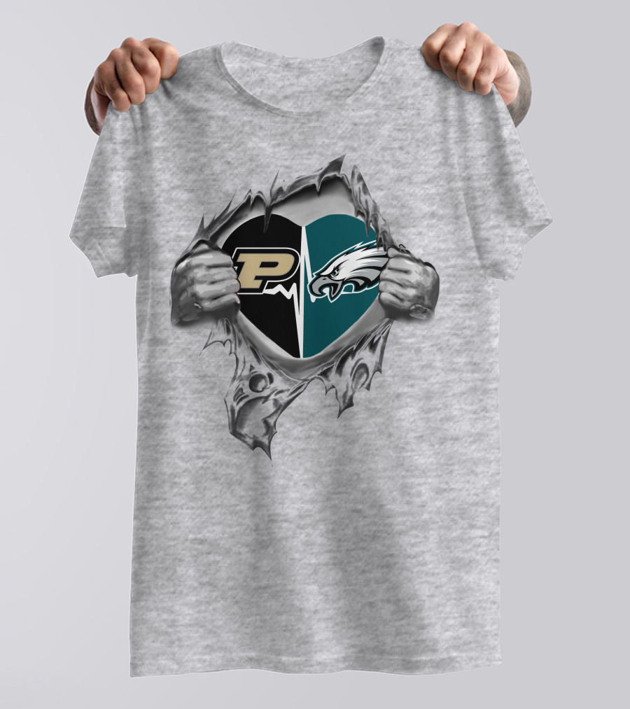 Purdue Eagles Heartbeat Peeking Through Silver Hands T-Shirt