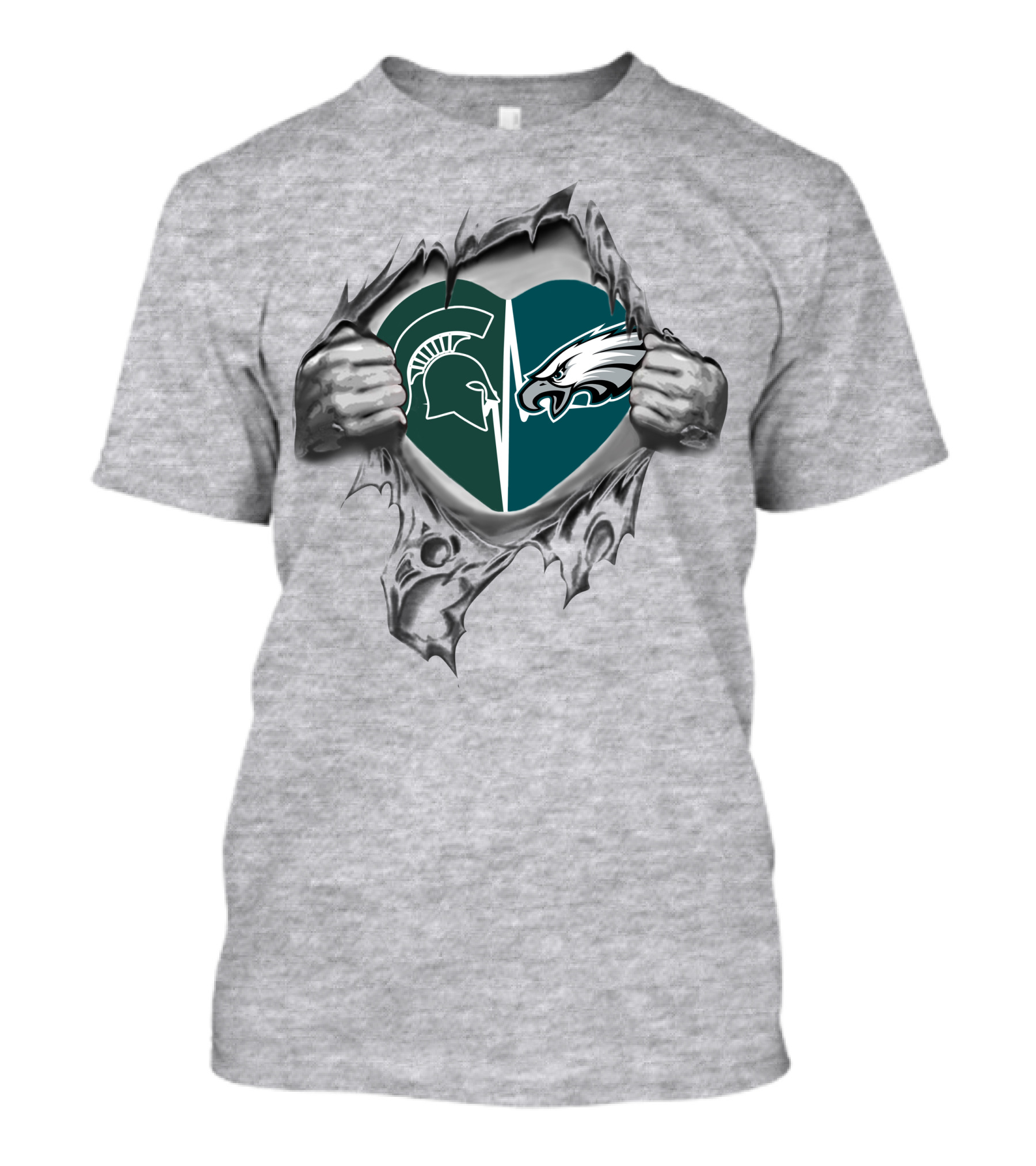 Eagles Spartans Heart Split With Hands Ripping T-Shirt