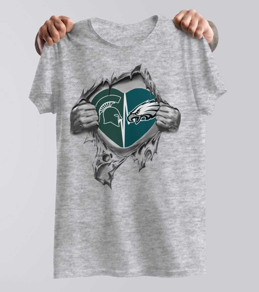 Eagles Spartans Heart Split With Hands Ripping T-Shirt