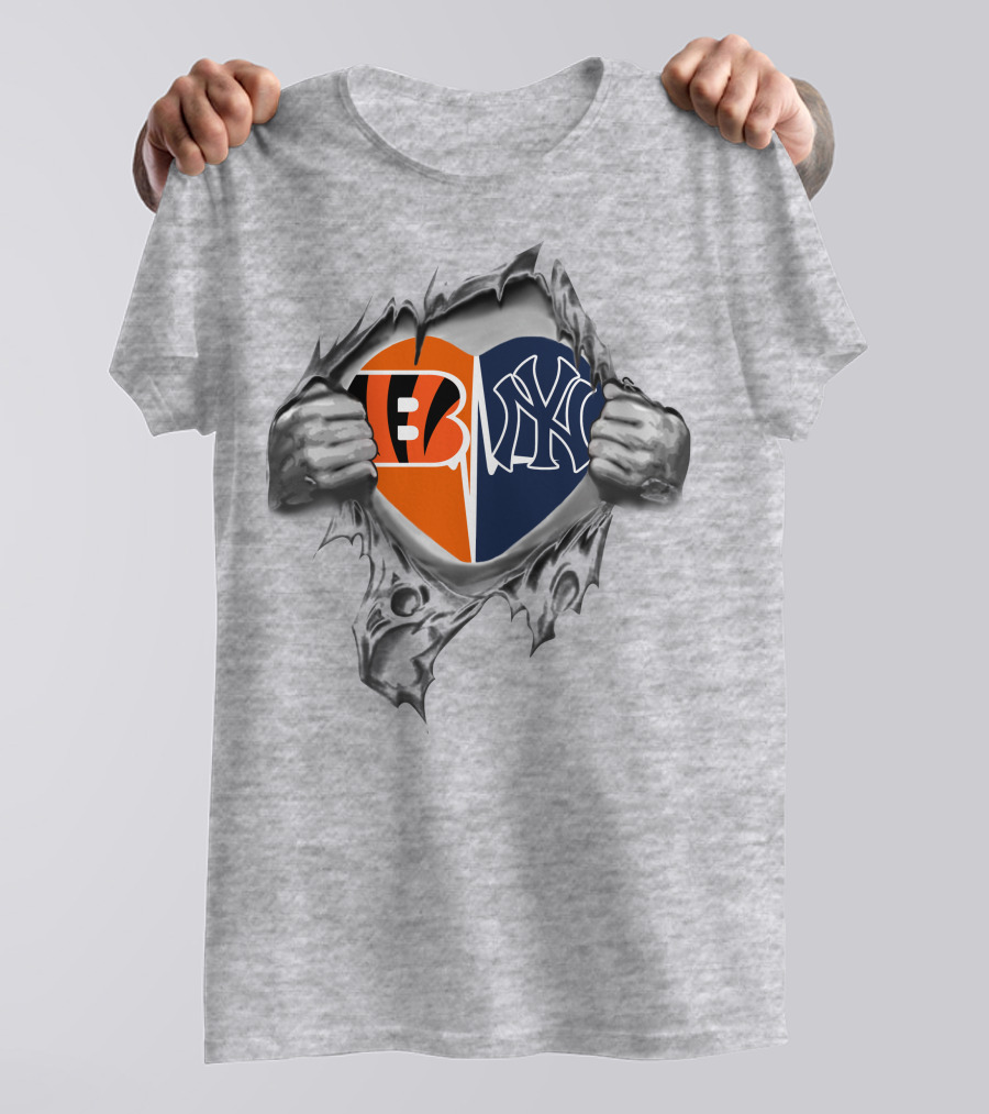 Bengals Yankees Split Heart With Hands Ripping T-Shirt