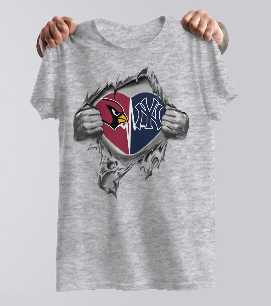Cardinals Yankees Heart Split By Hands With Logos Inside T-Shirt