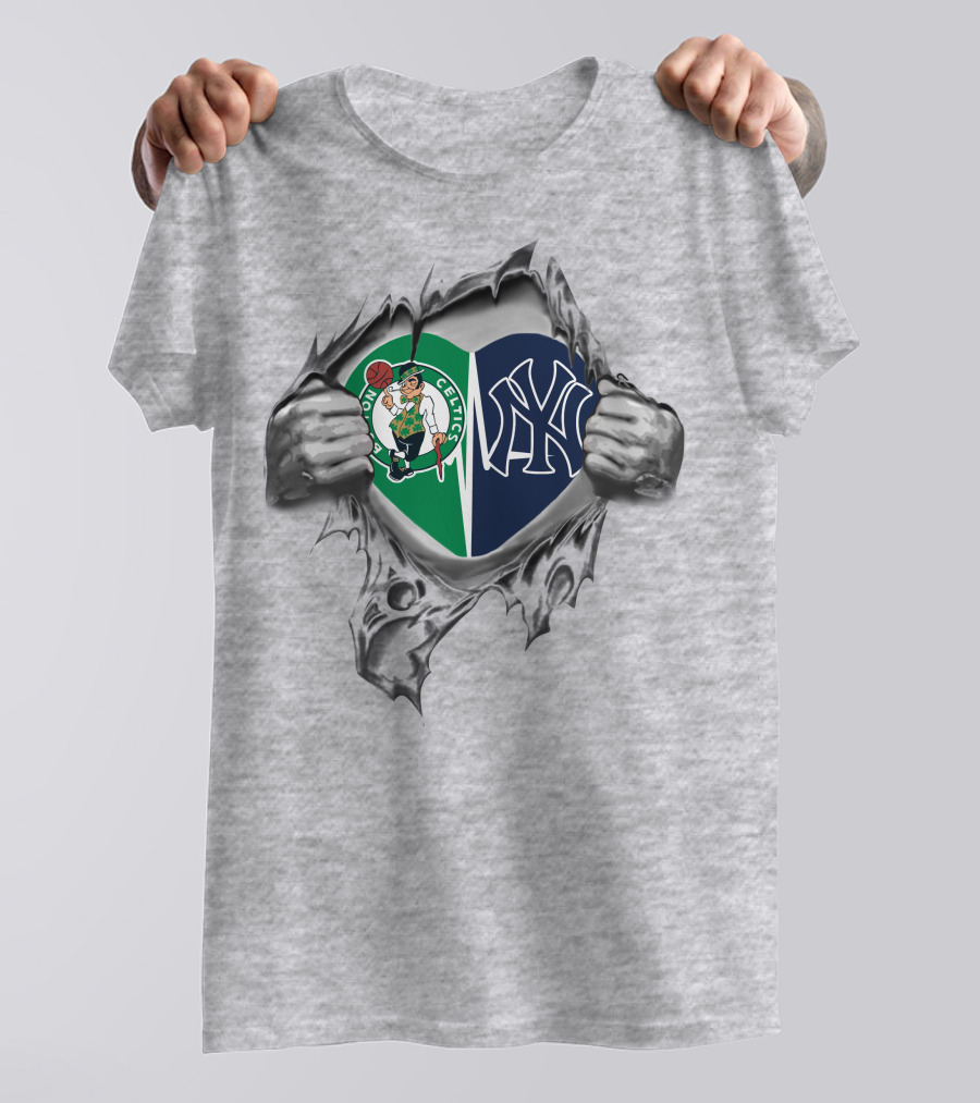 Celtics Yankees Heart Celtics Logo Yankees Emblem T-Shirt