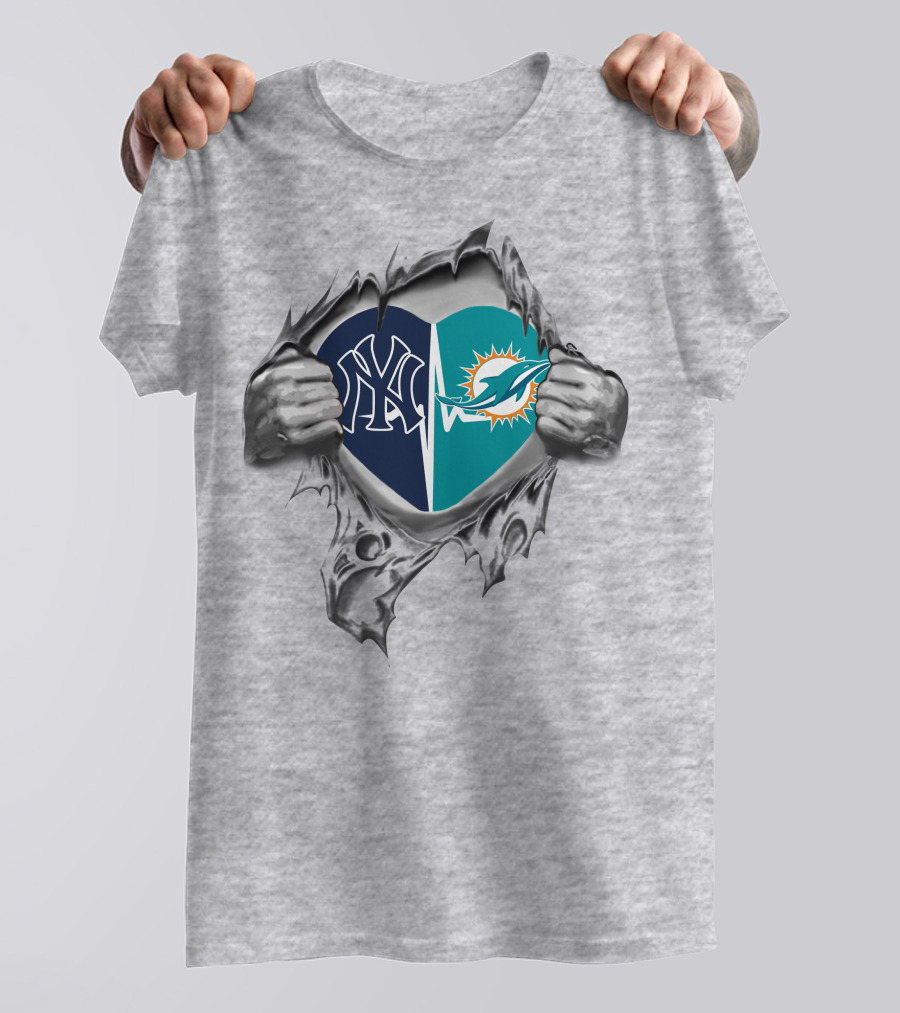 Dolphins Yankees Heart With Peeling Fabric T-Shirt