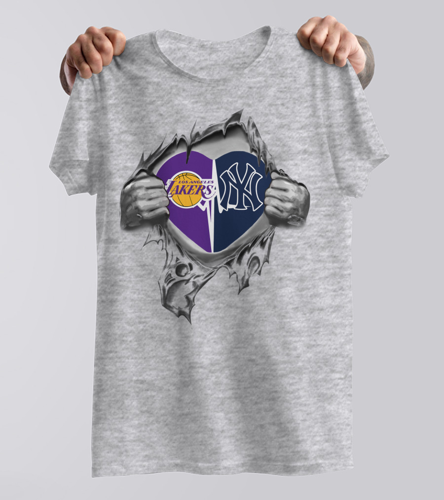 Lakers Yankees Heart With Torn Hands Displaying Team T-Shirt