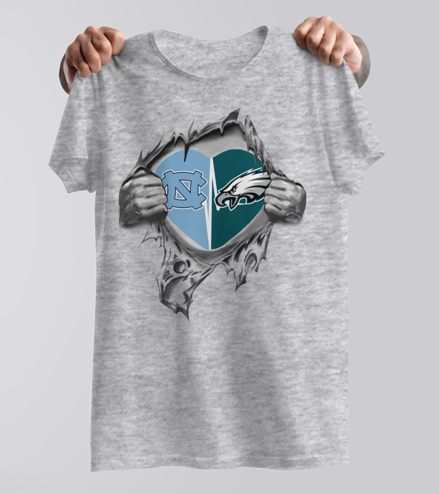 Eagles Tar Heels Heart Design With Hands Tearing Background T-Shirt