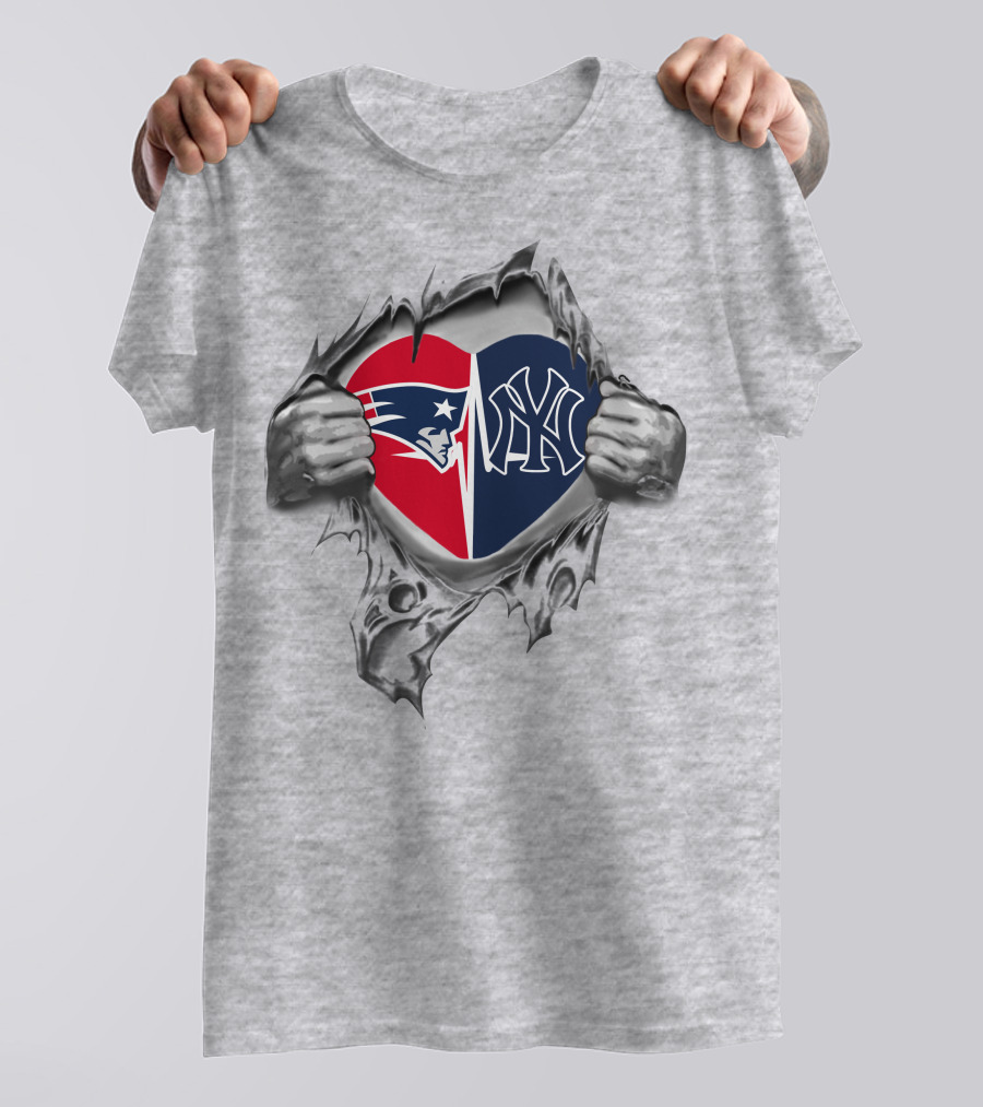 Patriots Yankees Heart Divided Emblem Inside Torn Gray Surface T-Shirt