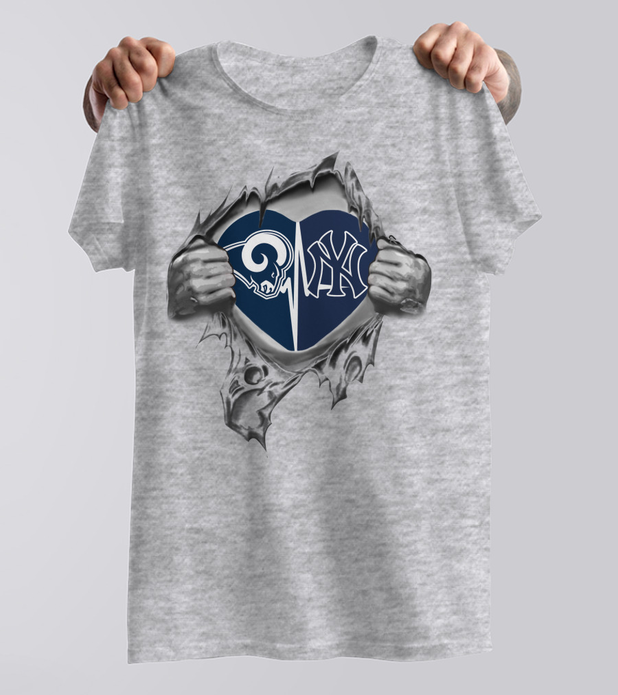 Rams Yankees Heart Split Hidden Under Ripped Surface T-Shirt