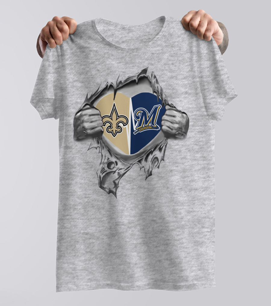 Saints Brewers Heart Symbol Logos Tearing Through Grayscale T-Shirt