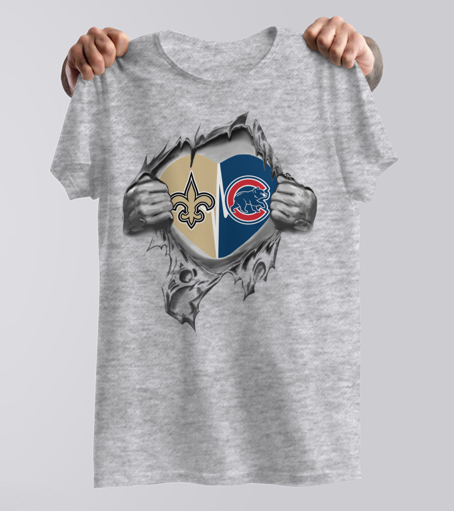 Saints Cubs Heart Split With Fleur-de-Lis And Bear T-Shirt
