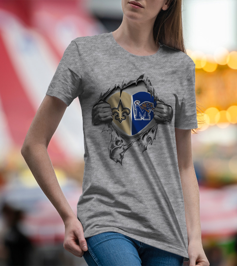 Saints Memphis Tigers Heart Logos Torn Fabric T-Shirt