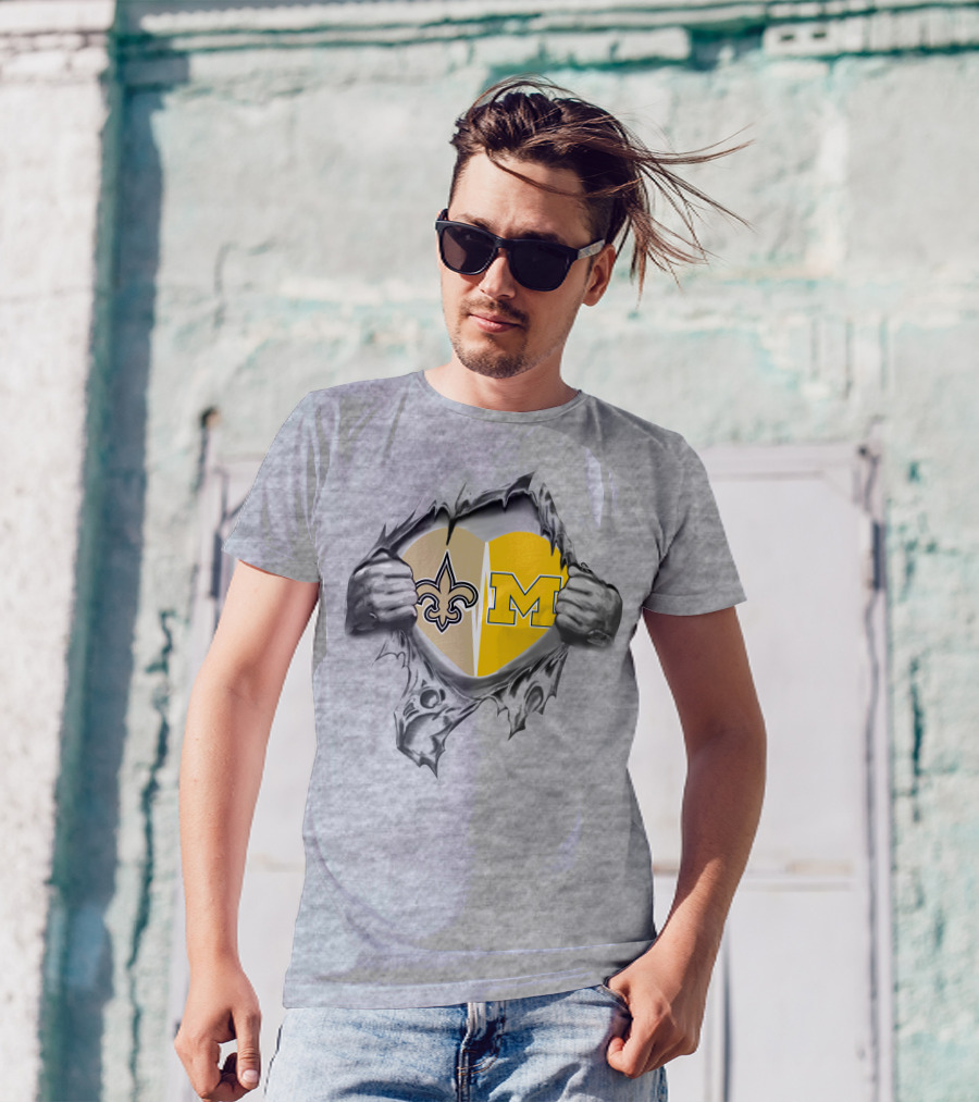 Saints And Michigan Heart Symbol With Fleur-de-lis And Block M T-Shirt