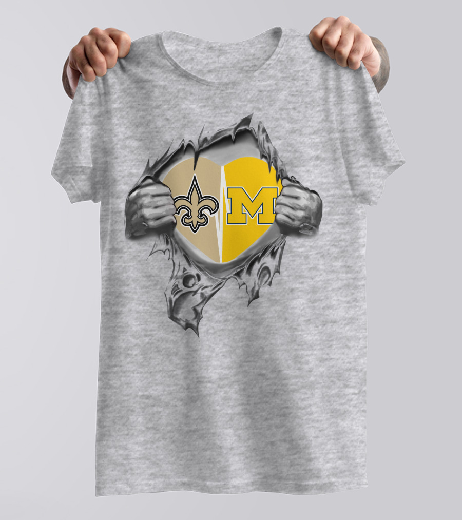 Saints And Michigan Heart Symbol With Fleur-de-lis And Block M T-Shirt