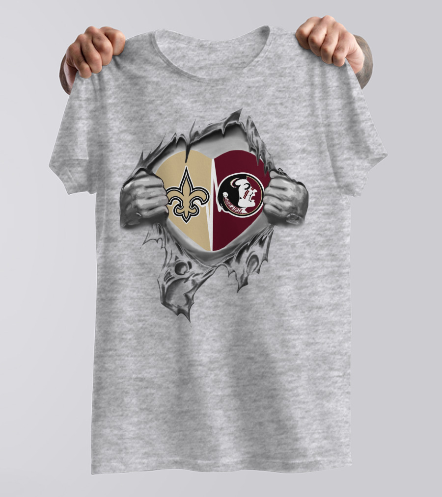 Saints Seminoles Heart Design With New Orleans And Florida State T-Shirt
