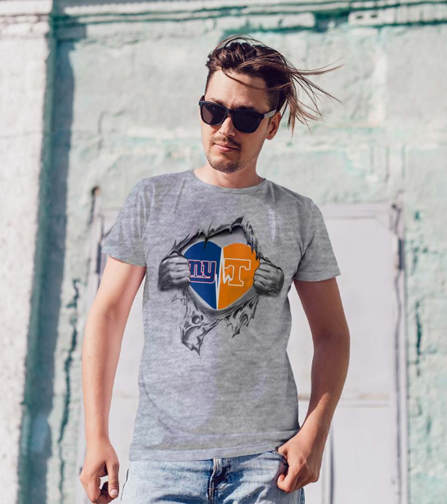 Giant Tennessee Heart Ny T Logo Split Inside Torn Metal Hands T-Shirt