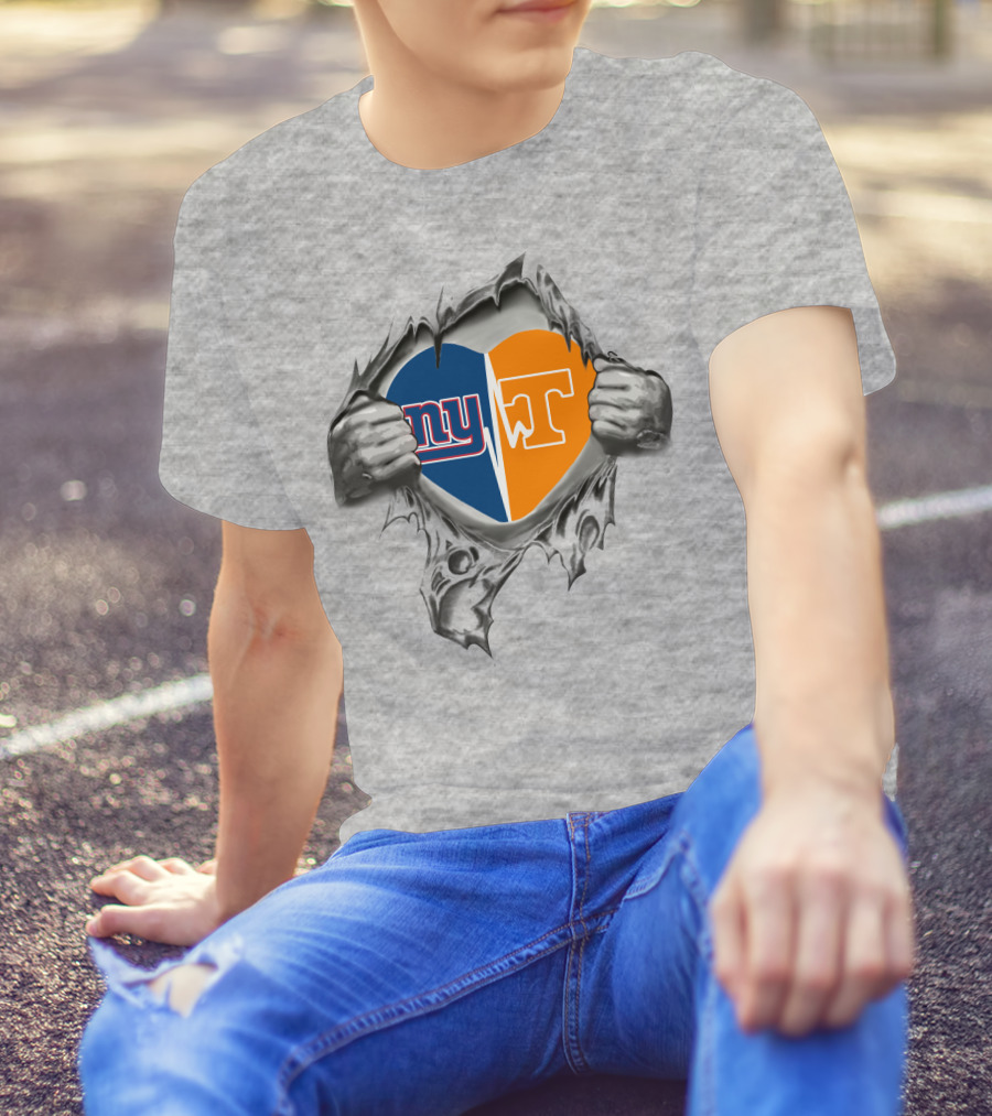 Giant Tennessee Heart Ny T Logo Split Inside Torn Metal Hands T-Shirt