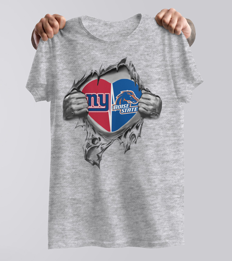Giants Boise State Heart Combined Logos Torn Reveal T-Shirt