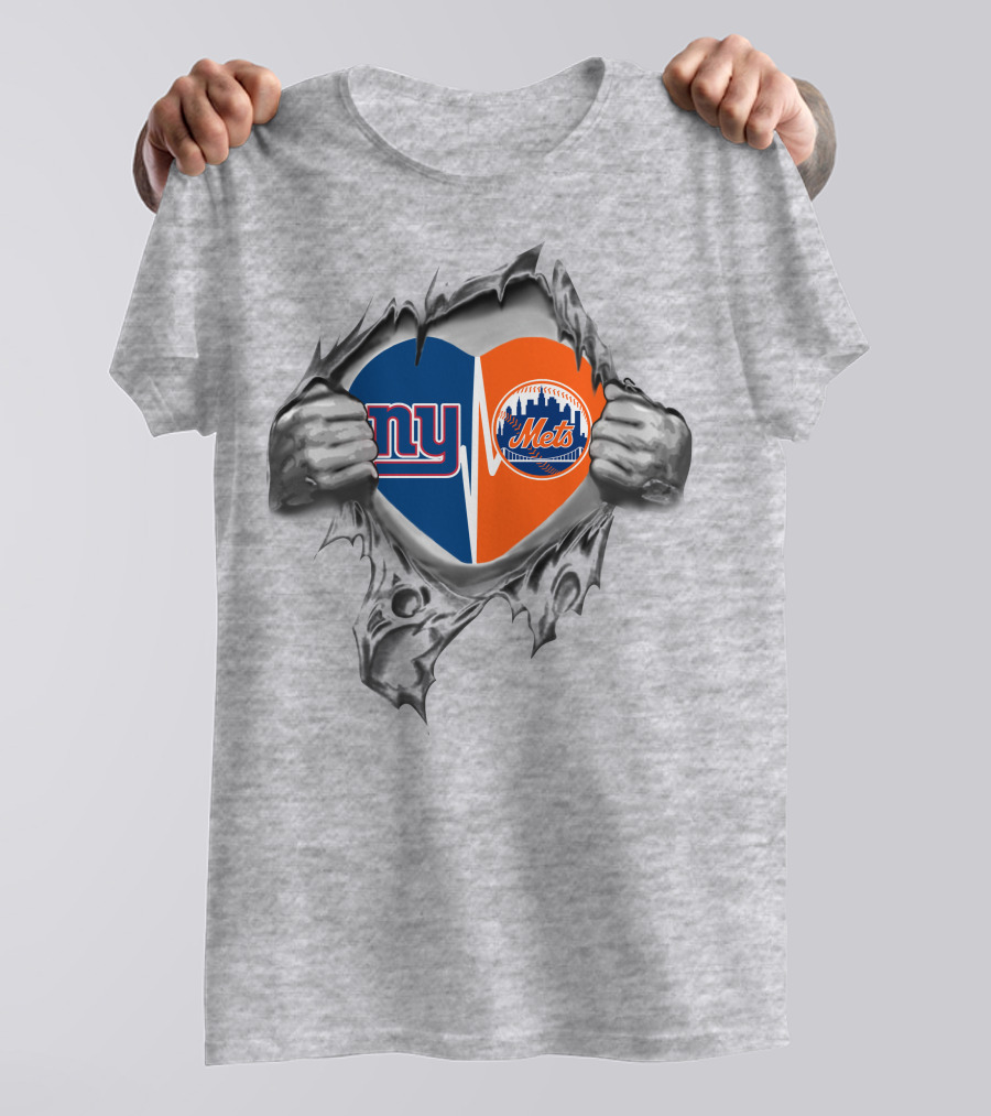 Giants Mets Heart Emblem Ripped Hands Logo Nfl Mlb Fan T-Shirt
