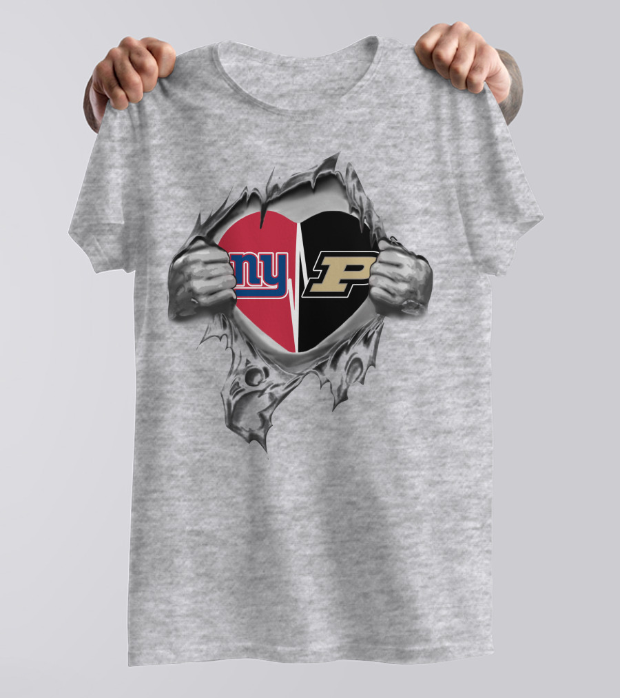 New York Giants And Purdue University Split Heart Design Tear Open T-Shirt