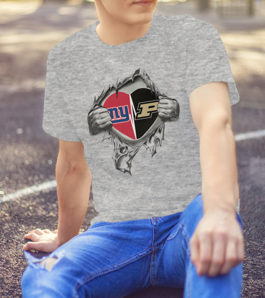 New York Giants And Purdue University Split Heart Design Tear Open T-Shirt