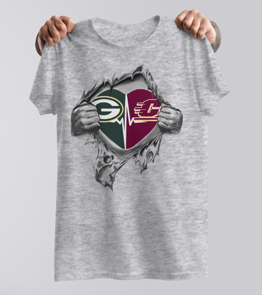 Green Bay Packers Central Michigan Chippewas Heartbeat Logo Fusion T-Shirt