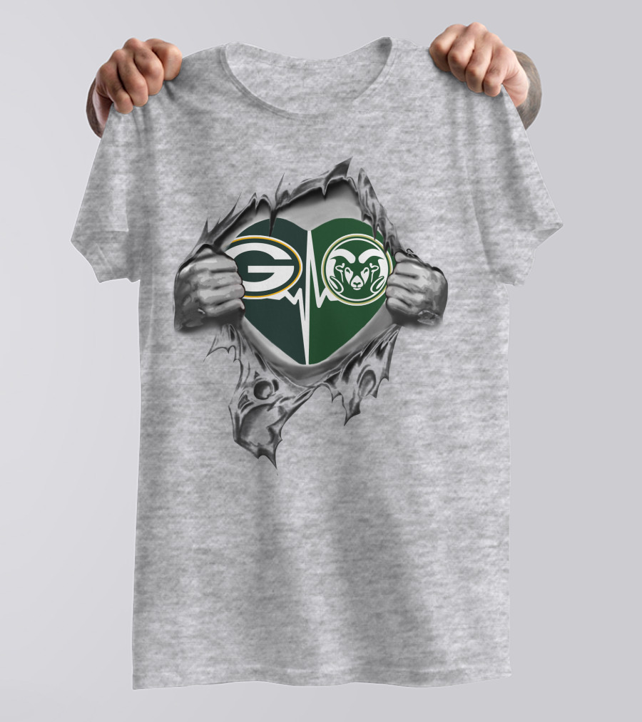 Green Bay Packers Colorado State Rams Heartbeat Silver Tear T-Shirt