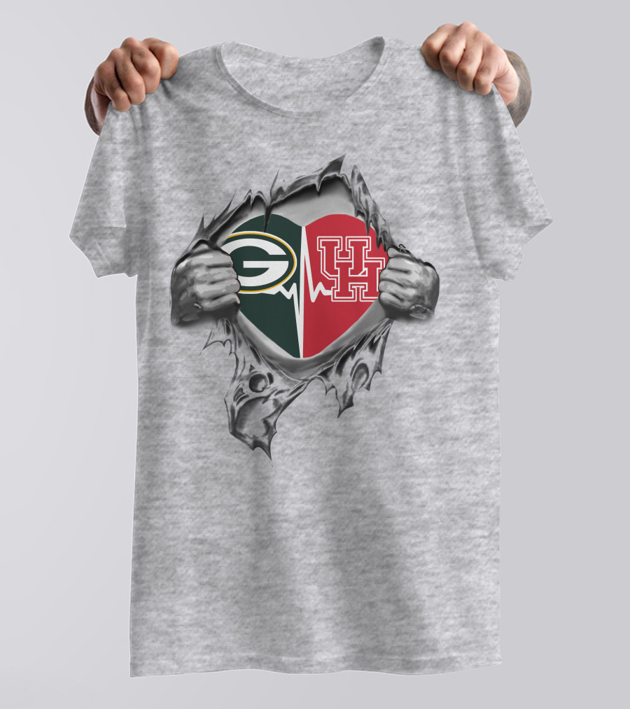 Green Bay Packers Houston Cougars Heartbeat Ripped T-Shirt