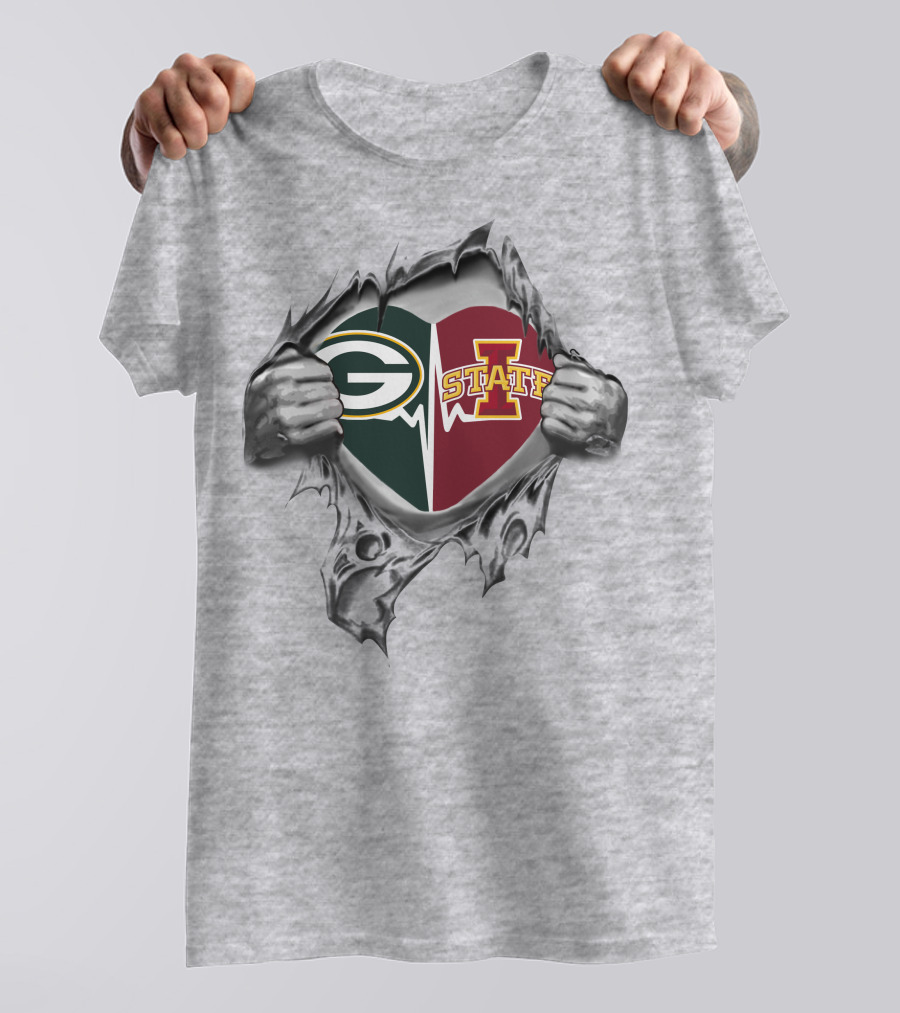 Green Bay Packers Iowa State Cyclones Heart Logo Ripped T-Shirt