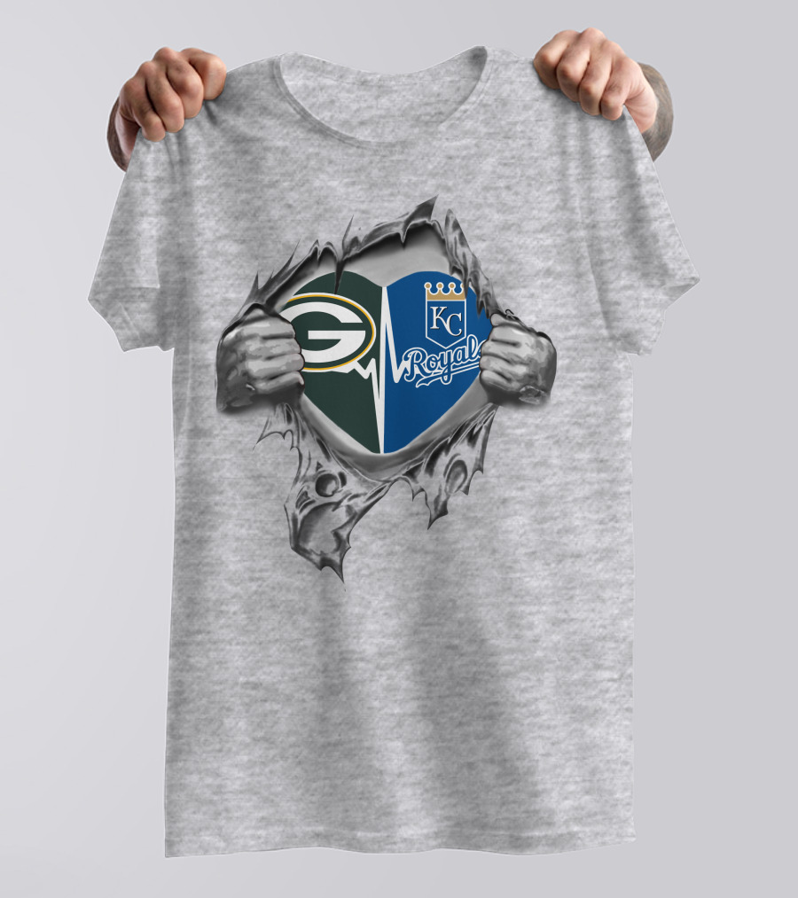 Green Bay Packers Kansas City Royals Heartbeat Logo Fusion T-Shirt