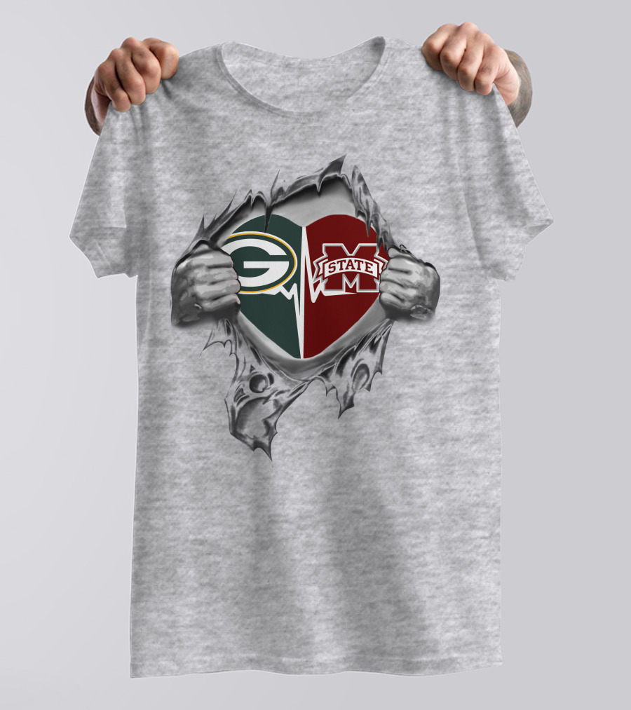 Green Bay Packers Mississippi State Heart Torn Fabric T-Shirt