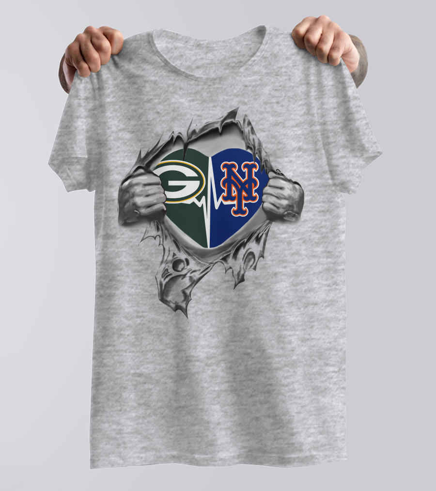 Green Bay Packers New York Mets Heartbeat Logo Fusion T-Shirt