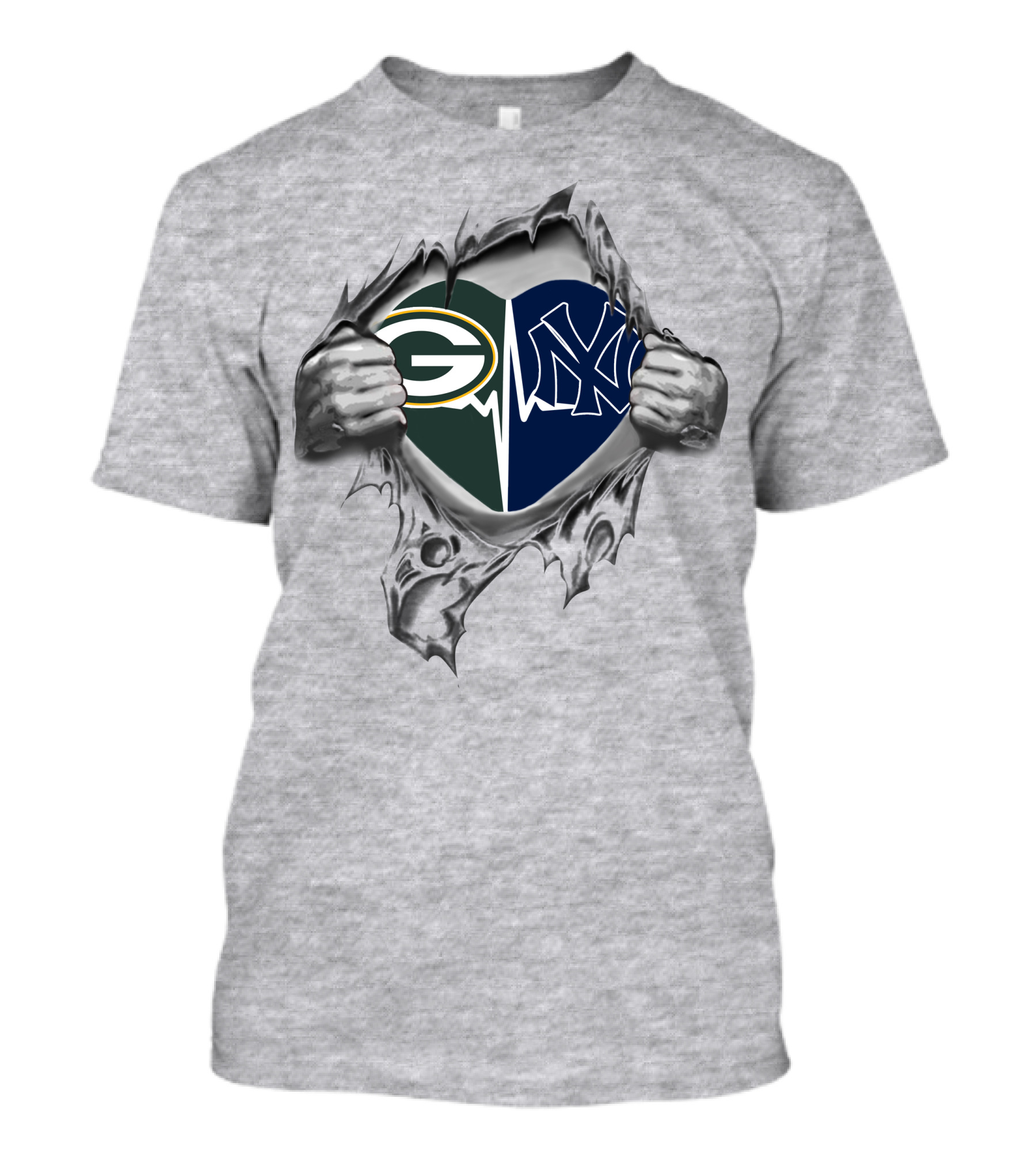 Green Bay Packers New York Yankees Heart Pulled Apart By Hands T-Shirt