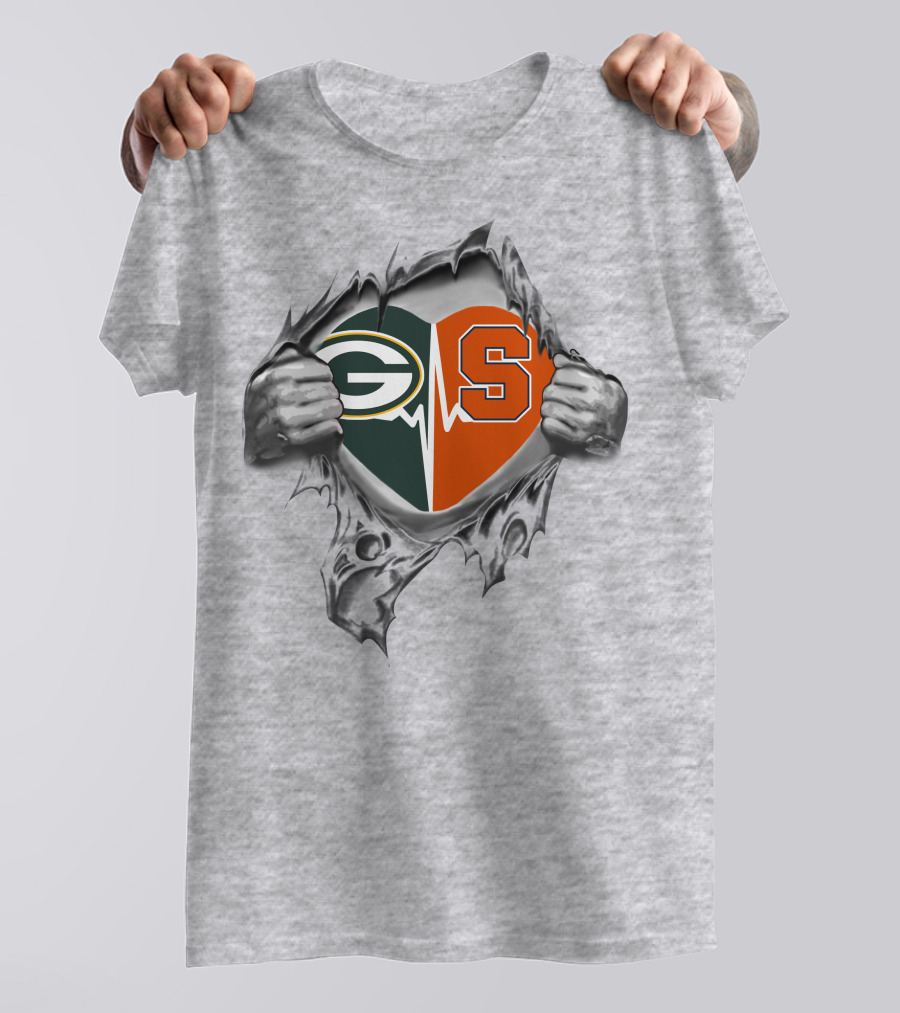 Green Bay Packers Syracuse Orange Heartbeat Logo Peeling Hands T-Shirt