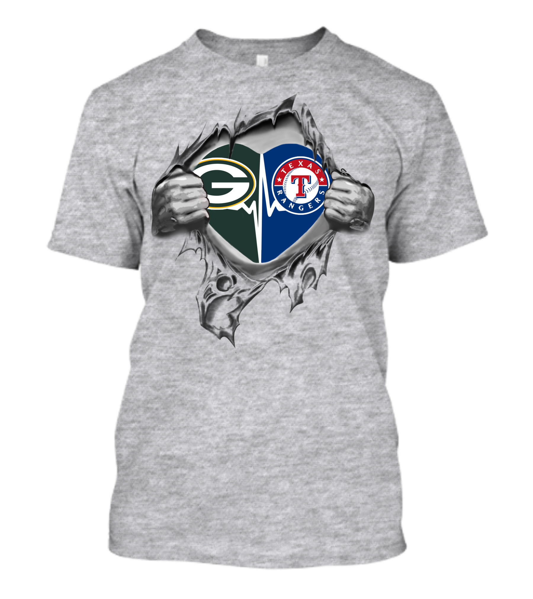 Green Bay Packers And Texas Rangers Heartbeat Logos With Tearing Hands T-Shirt
