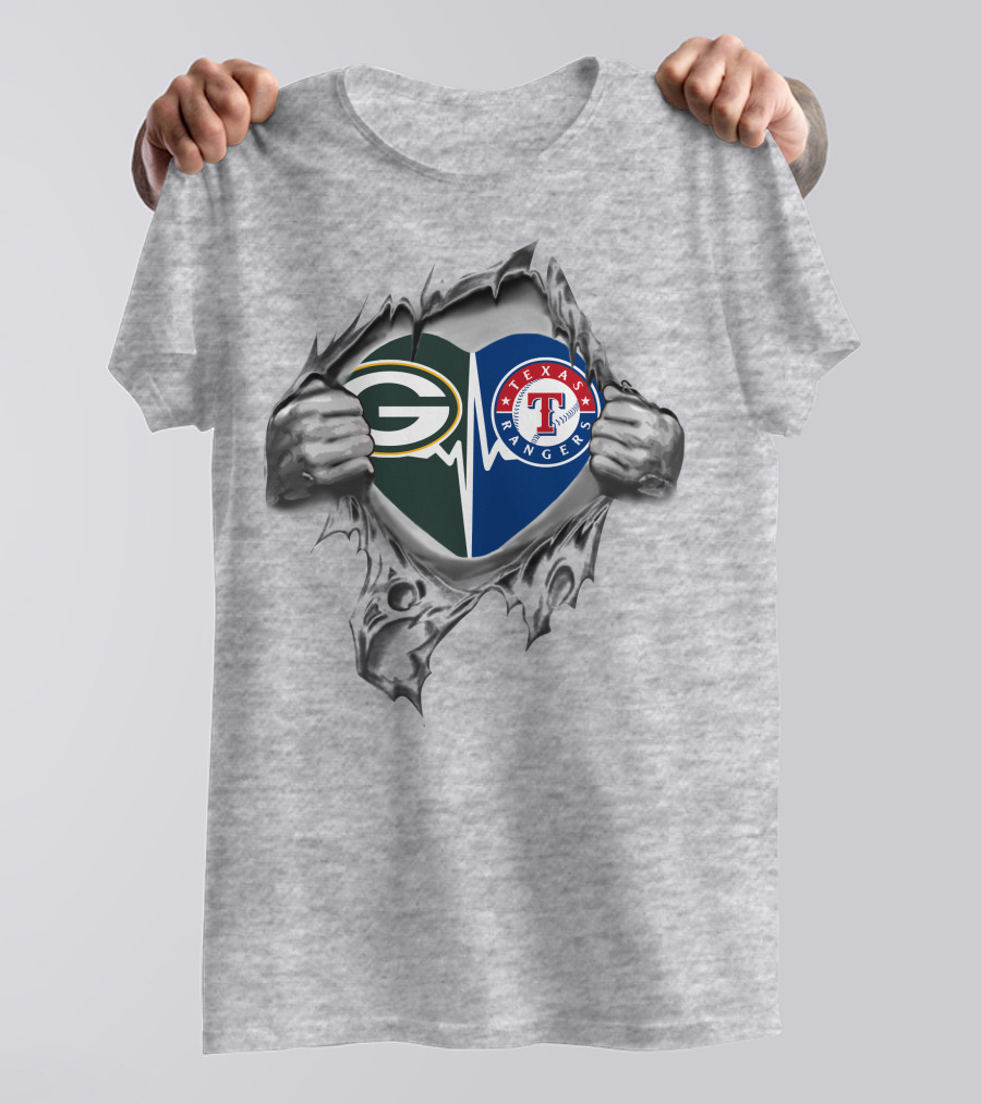 Green Bay Packers And Texas Rangers Heartbeat Logos With Tearing Hands T-Shirt