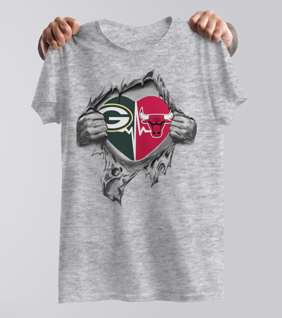 Green Bay Packers Chicago Bulls Heart Logo Fusion T-Shirt